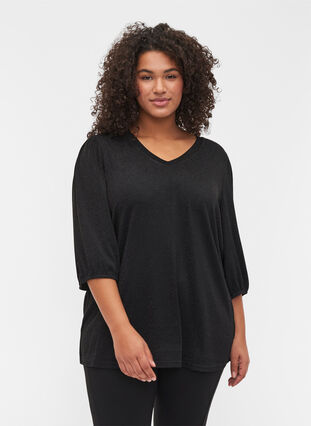 Glitter blouse with 3/4-length sleeves, Black, Model image number 0