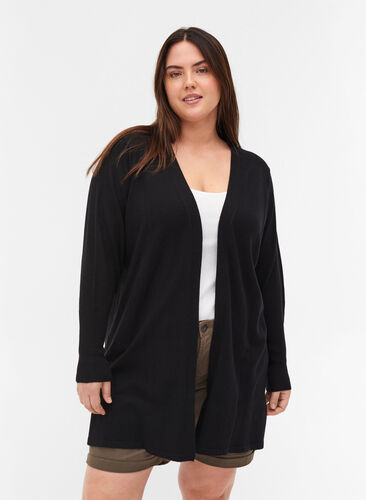 Knit cardigan with slits and rib, Black, Model image number 0