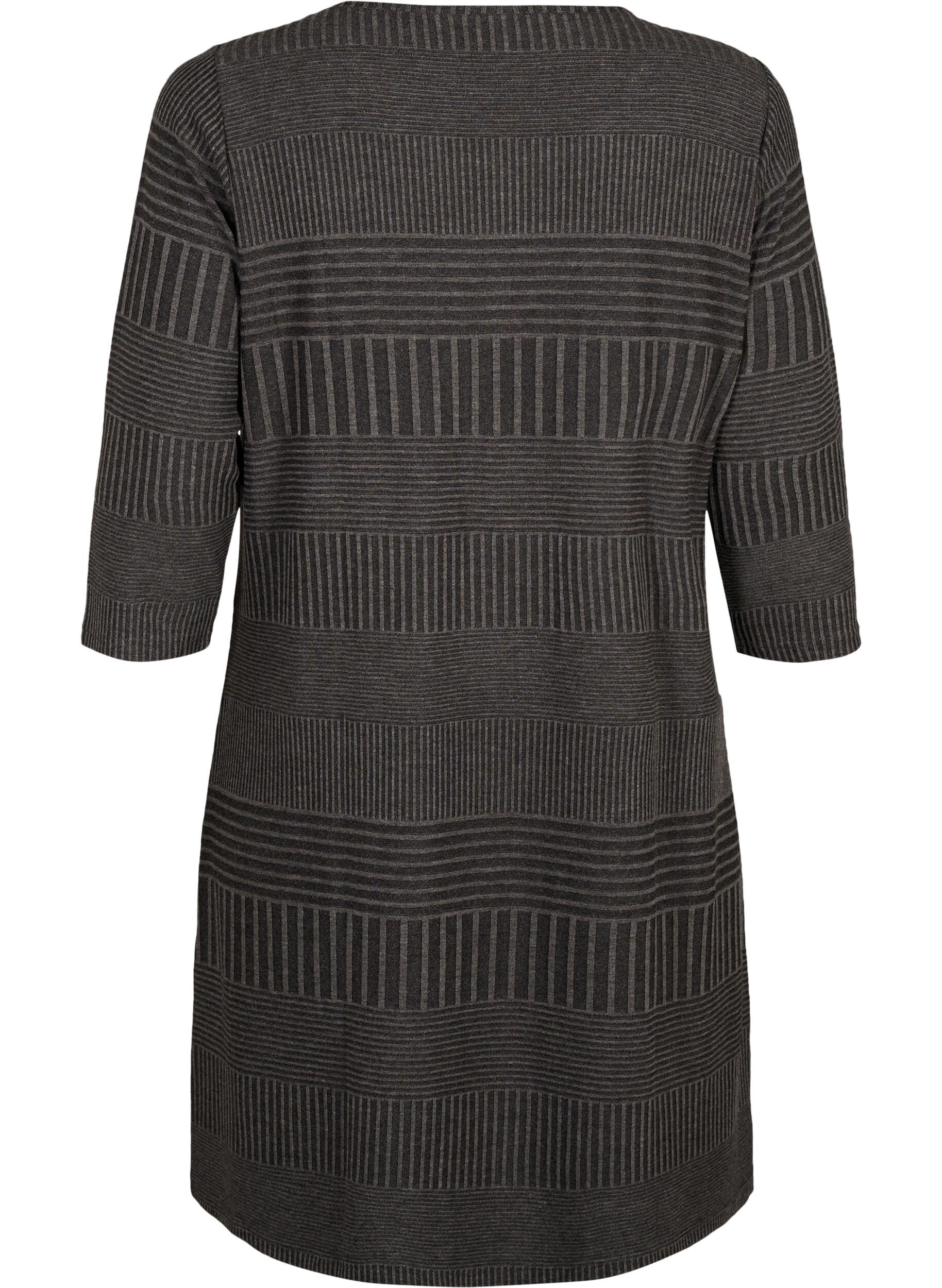 Zizzifashion Dress with 3/4 sleeves and striped pattern, Dark Grey M&eacute;lange, Packshot image number 1