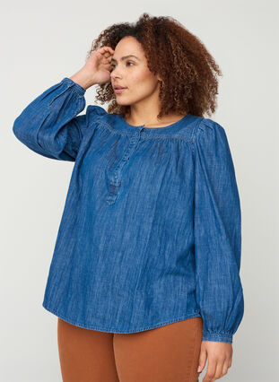 Denim blouse with long puff sleeves, Blue denim, Model image number 0