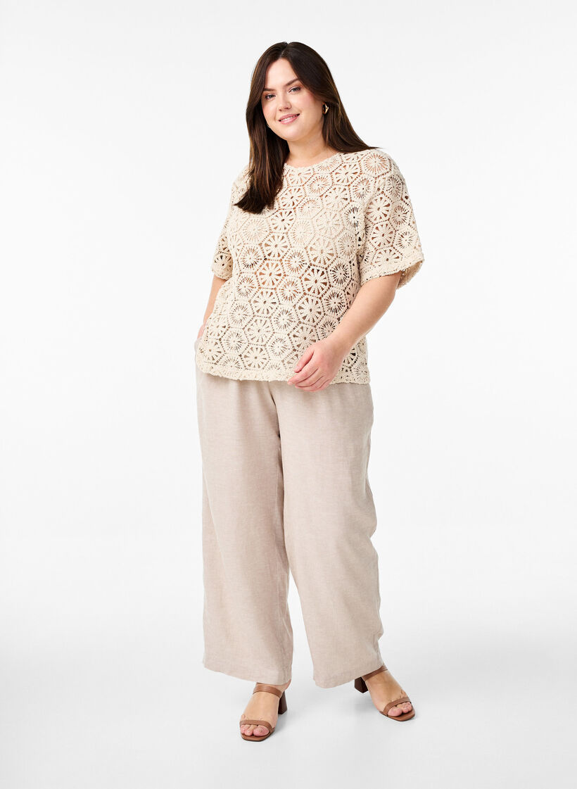Loose trousers in linen and viscose, Beige, Model image number 0
