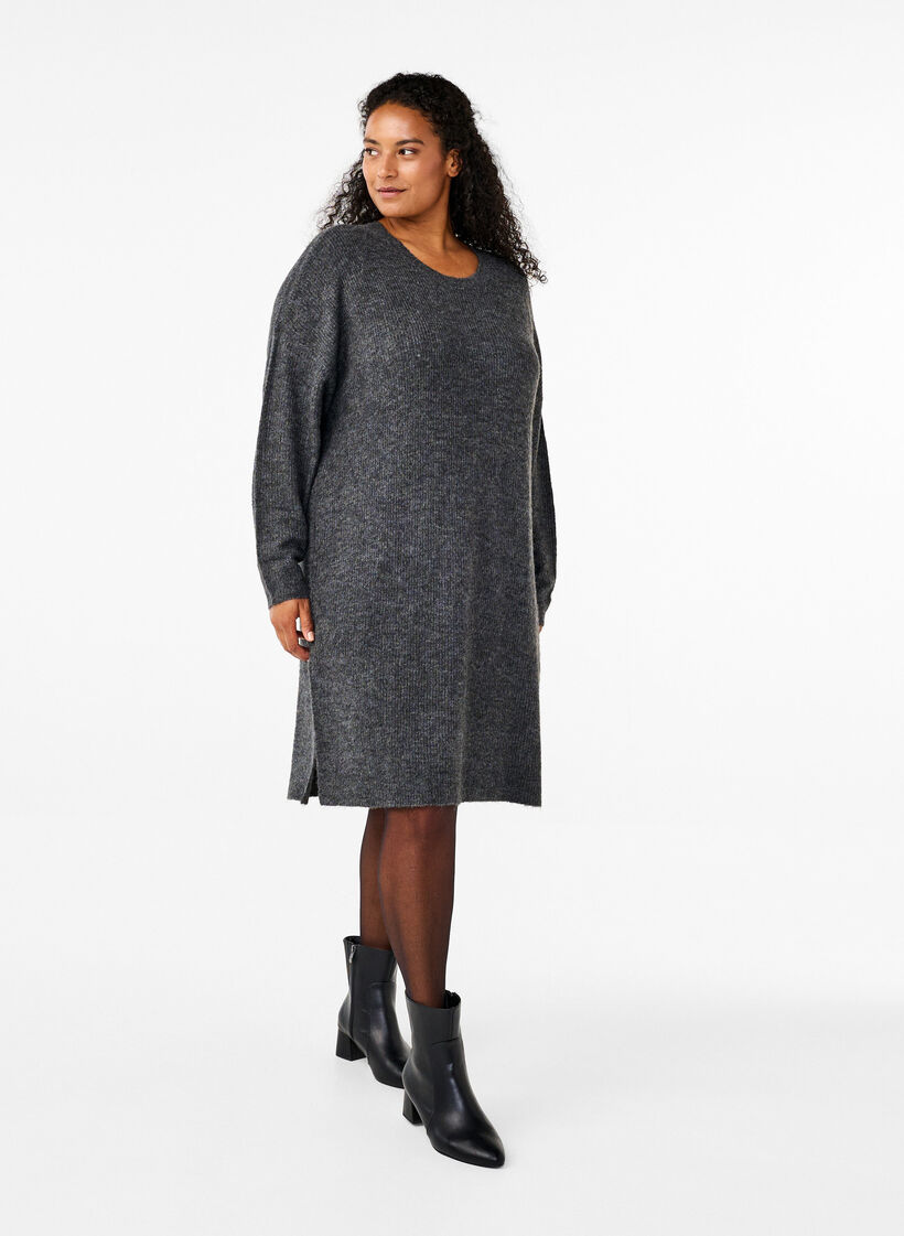 Long sleeved rib knit dress, Dark Grey Black Mel., Model image number 2