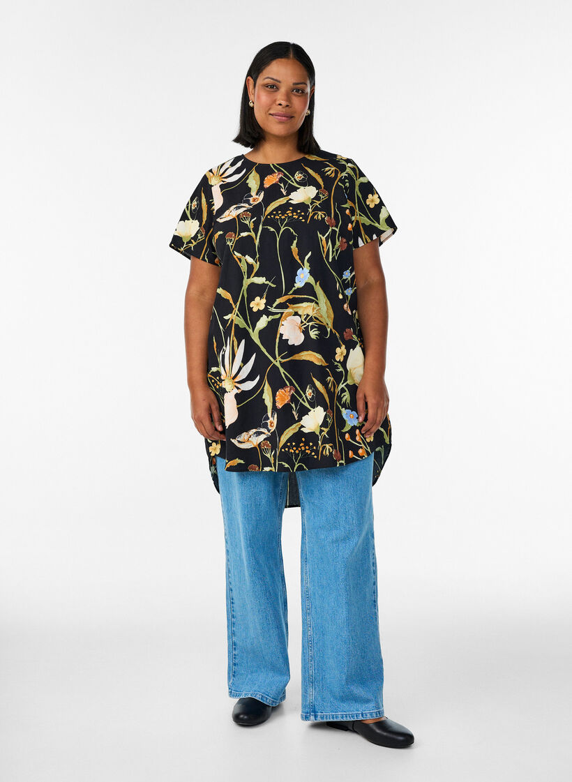 Cotton tunic with a floral print, Black, Model image number 1