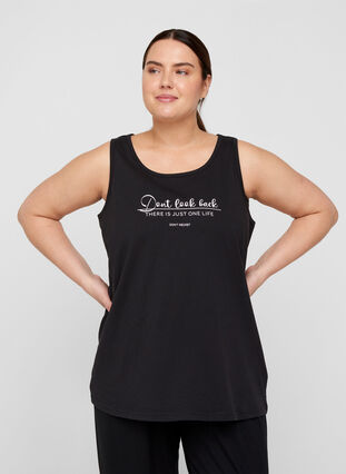 Sleeveless cotton sports top with print, Black Dont Look Back, Model image number 0