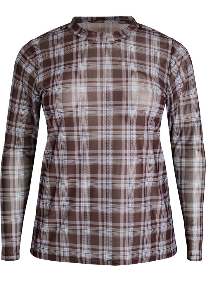 Checked mesh blouse, Blue, Packshot image number 0