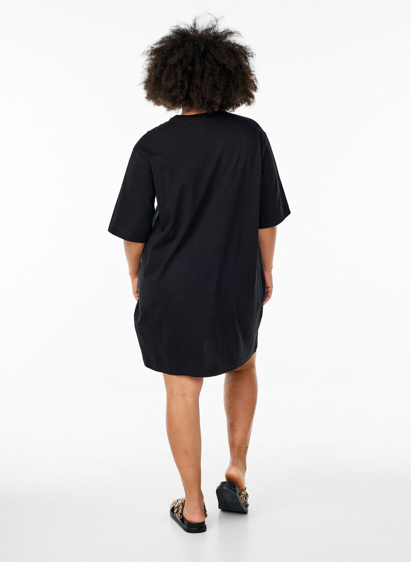 Knee-length cotton T-shirt dress, Black, Model image number 2