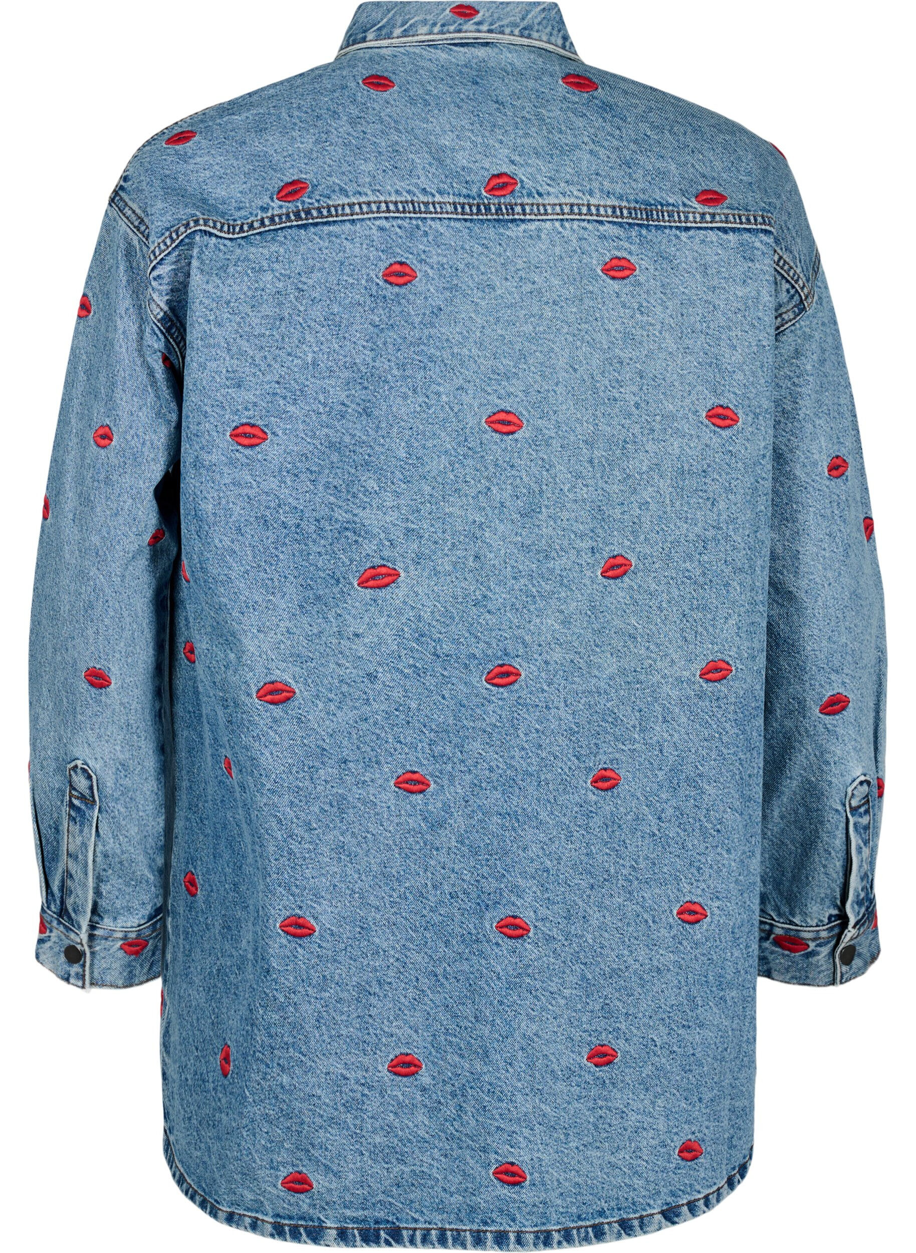 Zizzifashion Loose denim shirt with embroidered lips, Light Blue Kiss, Packshot image number 1