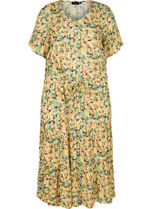 Short-sleeved midi dress in viscose, Yellow Summer AOP, Packshot image number 0
