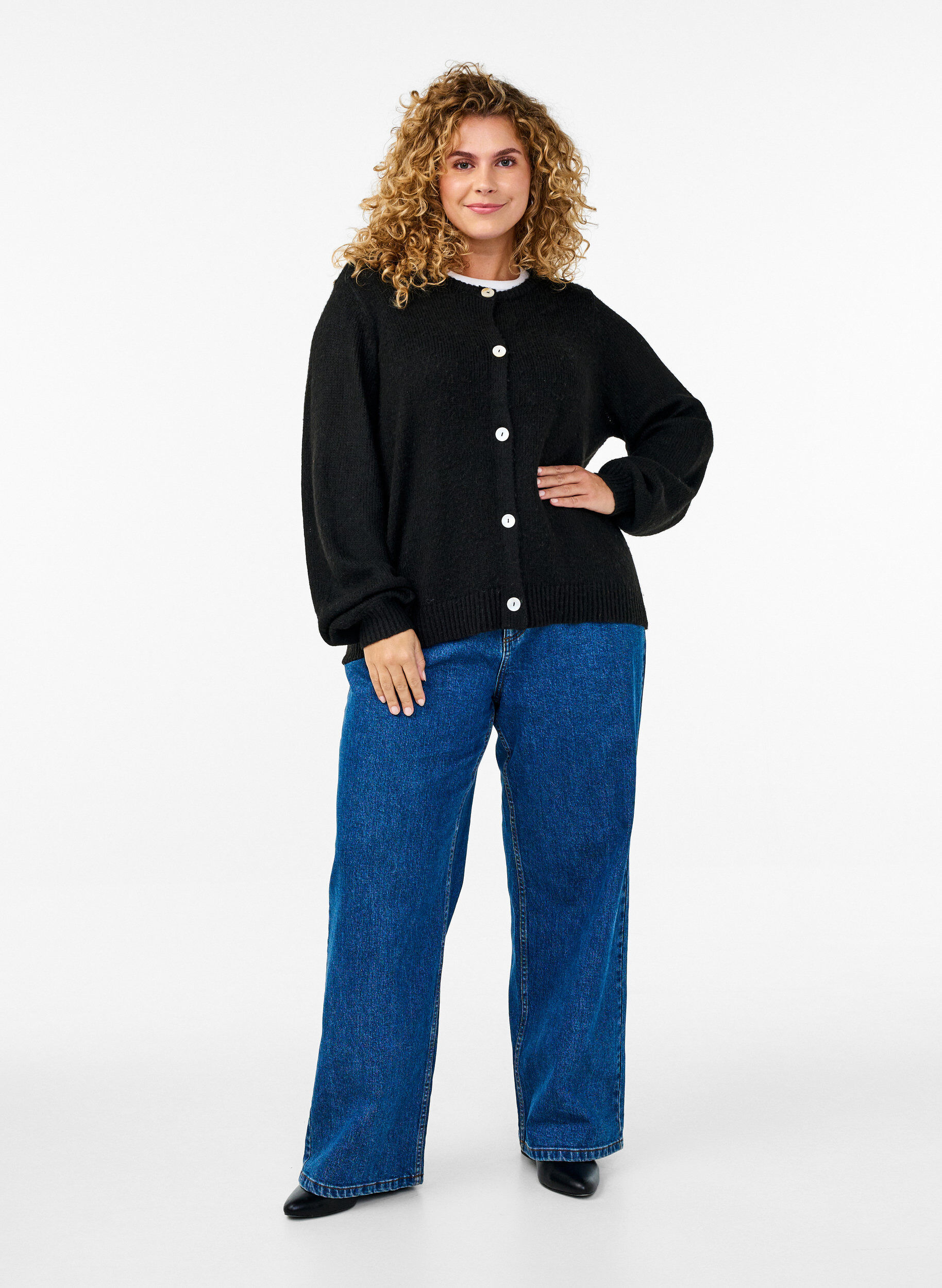 Zizzifashion Knitted cardigan with wool and buttons, Black Solid, Model image number 2