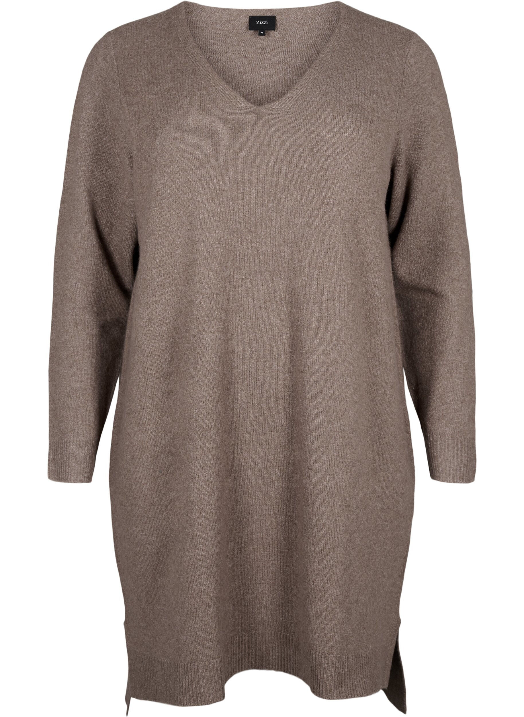 Zizzifashion Knitted dress with slit, Walnut/White, Packshot image number 0