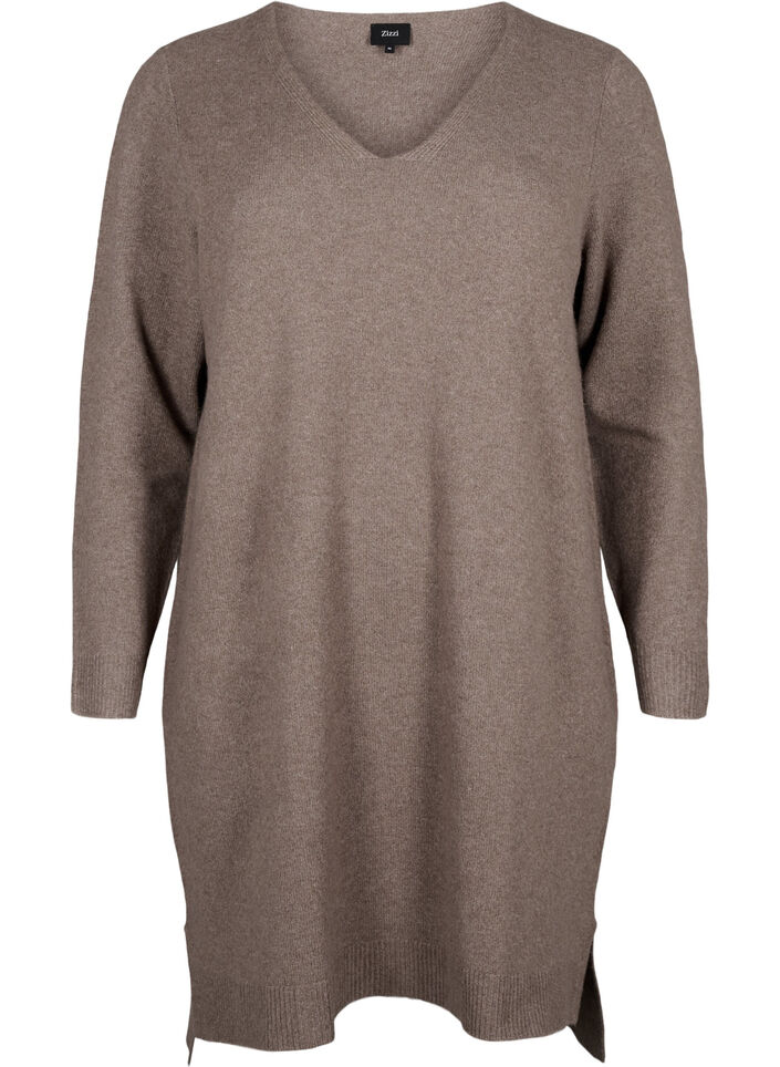 Knitted dress with slit, Walnut/White, Packshot image number 0
