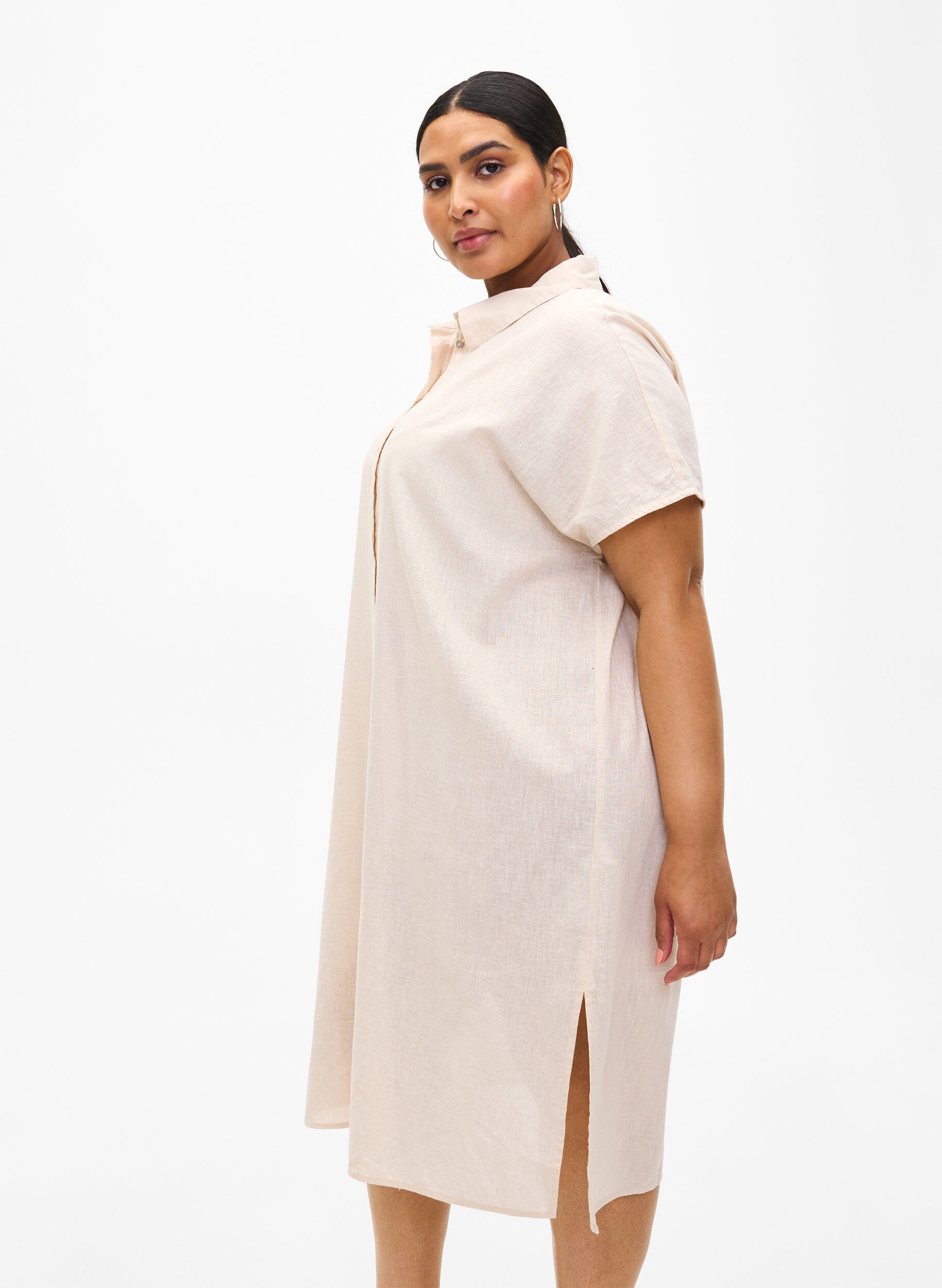 Long shirt in cotton blend with linen, Beige, Model