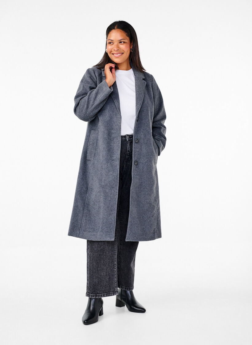 Long wool coat with pockets, Dark Grey Melange, Model image number 2