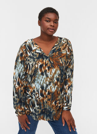 Long-sleeved viscose blouse with pattern, Rubber AOP, Model image number 0