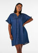 Denim-look dress with button fastening and ruffle sleeves, Blue, Model image number 0