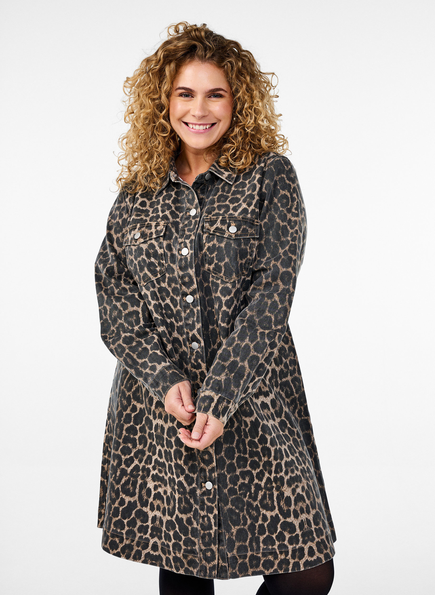 Zizzifashion Long-sleeved denim dress with leopard print, Brown, Model image number 0