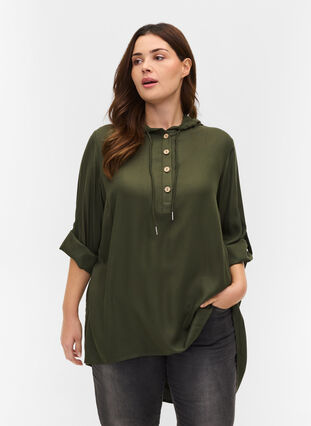 Viscose tunic with hood and 3/4-length sleeves, Climbing Ivy, Model image number 0
