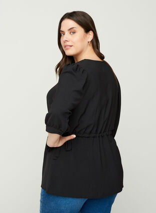 Blouse with puff sleves and a waist tie, Black, Model image number 1