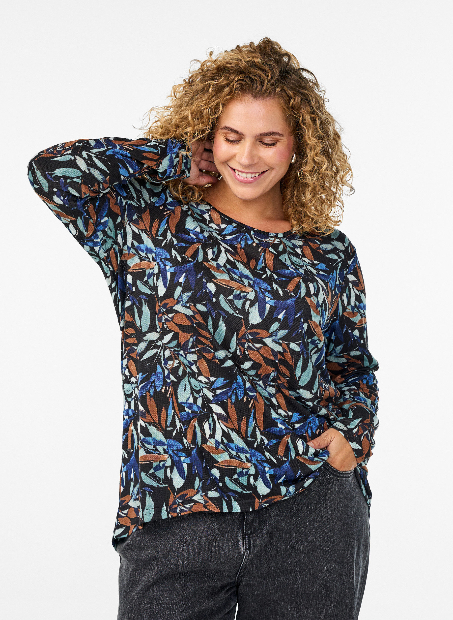 ZizzifashionPatterned blouse with long sleeves, Blue, Model image number 0