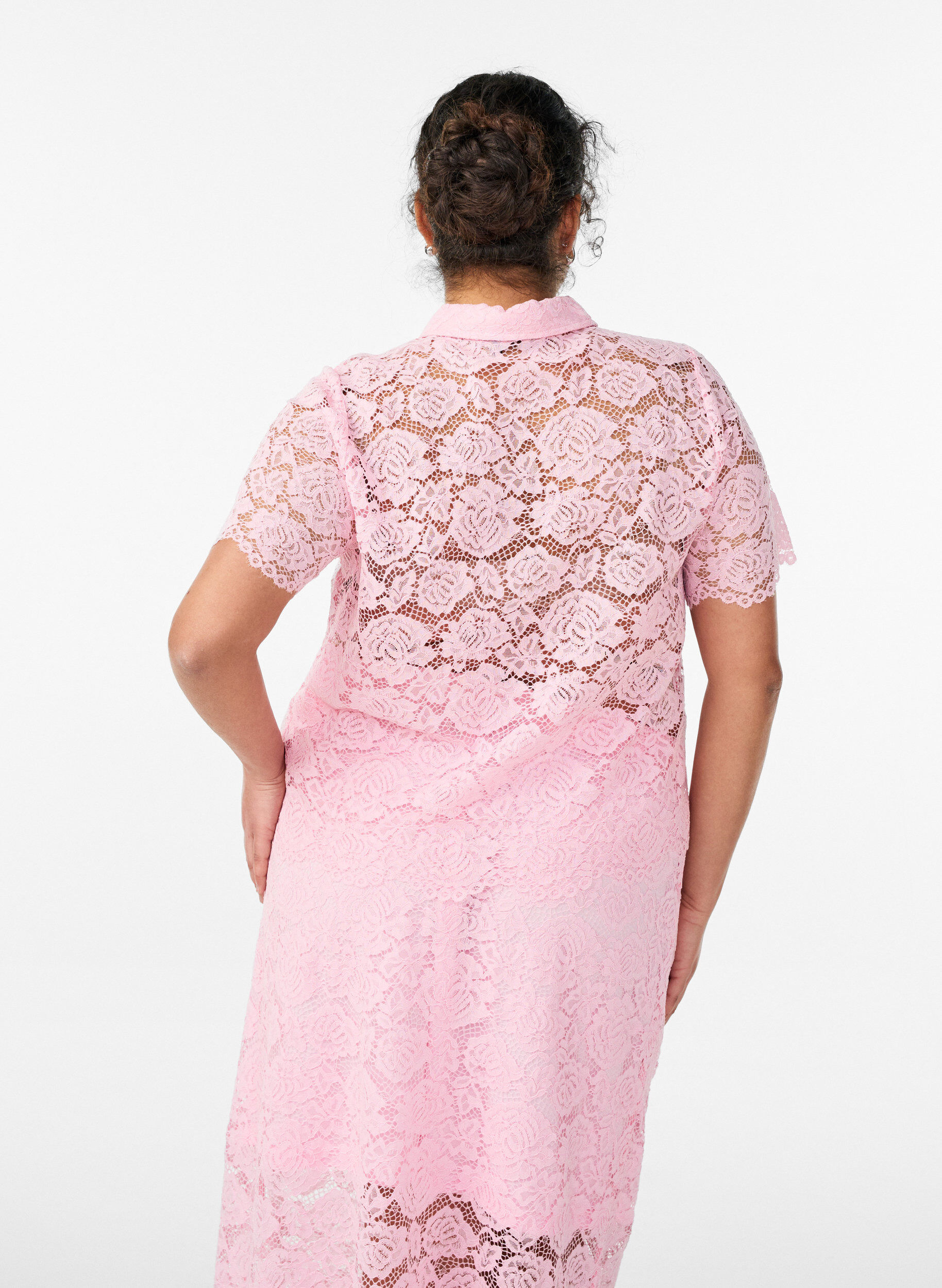 Zizzifashion Lace shirt blouse with pearl buttons, Rose, Model image number 2