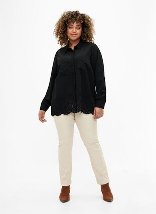 Viscose shirt with broderie anglaise, Black, Model image number 2