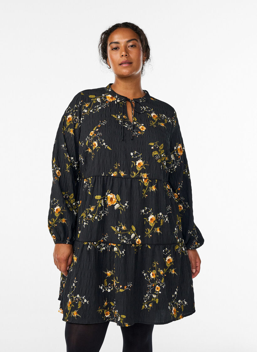 Floral print dress with tie fastening, Black, Model image number 0