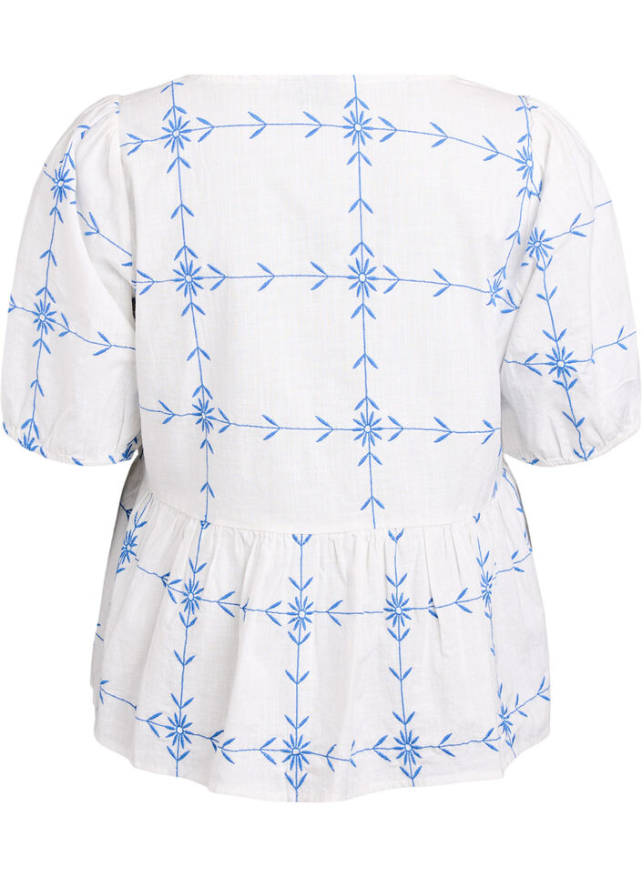 Short-sleeved blouse with V-neck and embroidery, White, Packshot image number 1