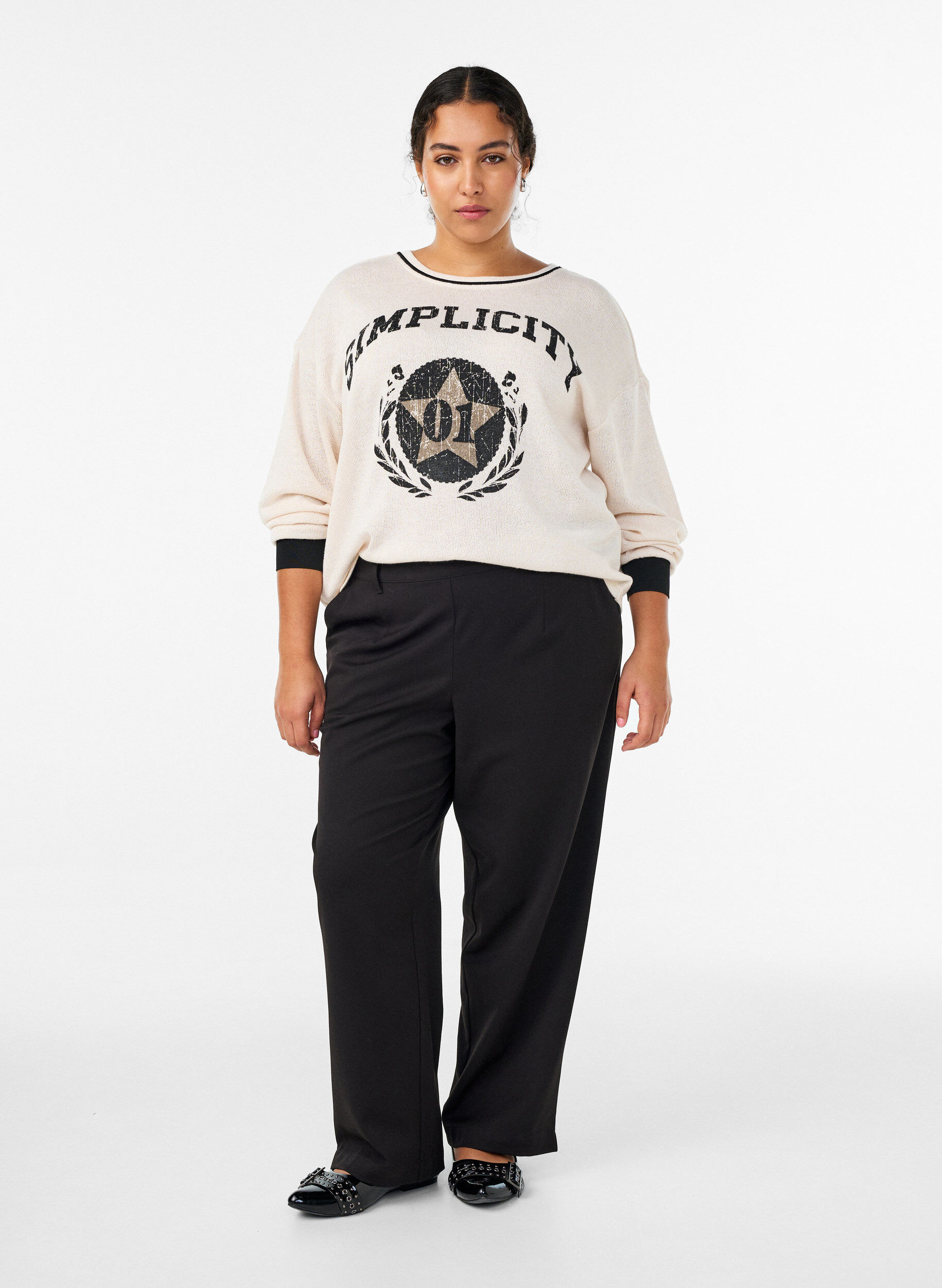 Trousers with high waist and elastic waistband at back, Black, Model