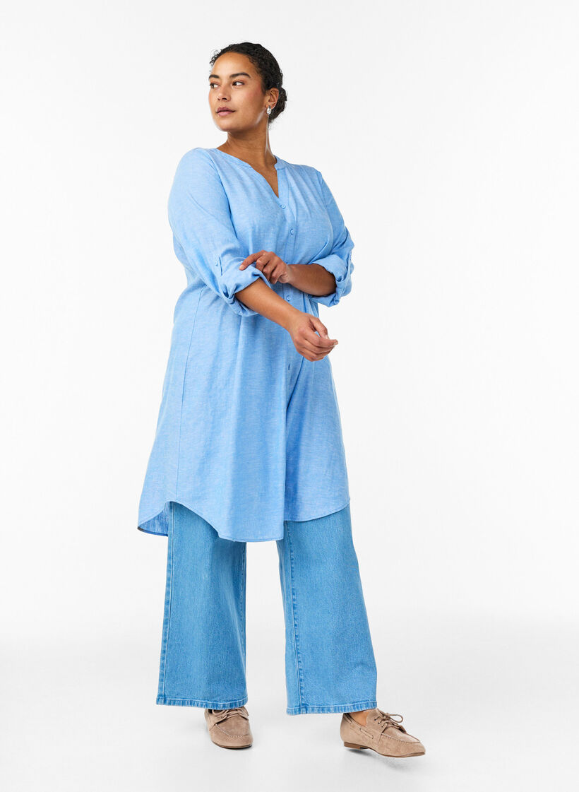 Long shirt in linen and viscose, Blue, Model image number 1