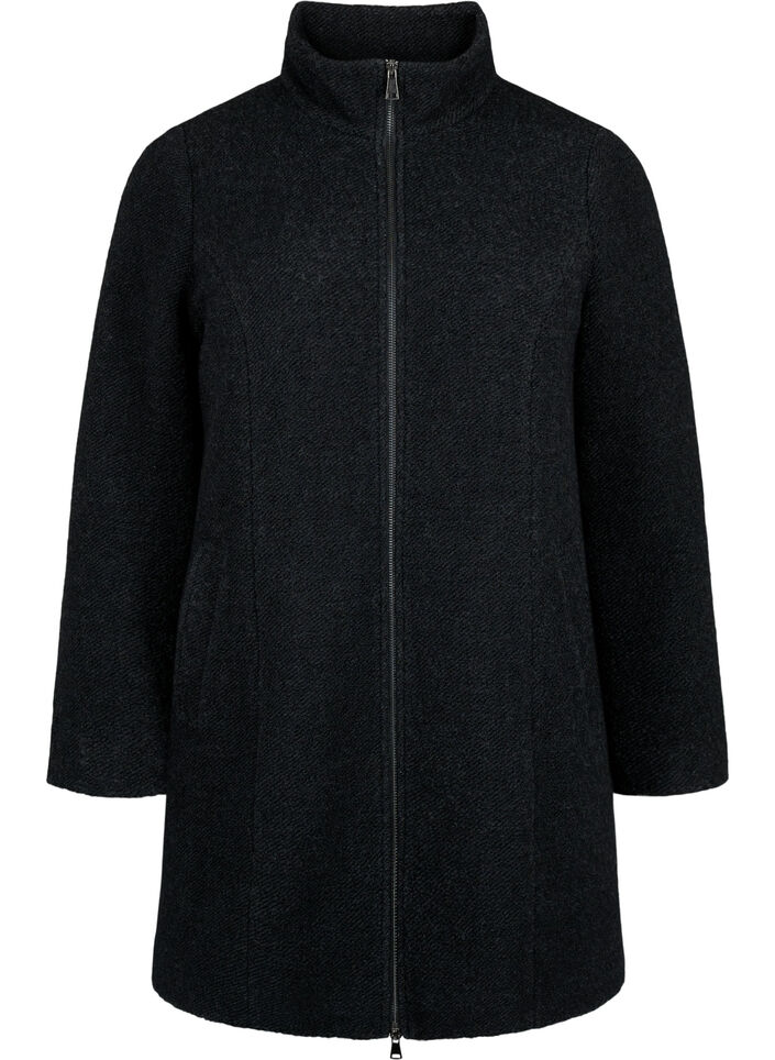 Melange bouclé coat with zipper, Black Mel., Packshot image number 0