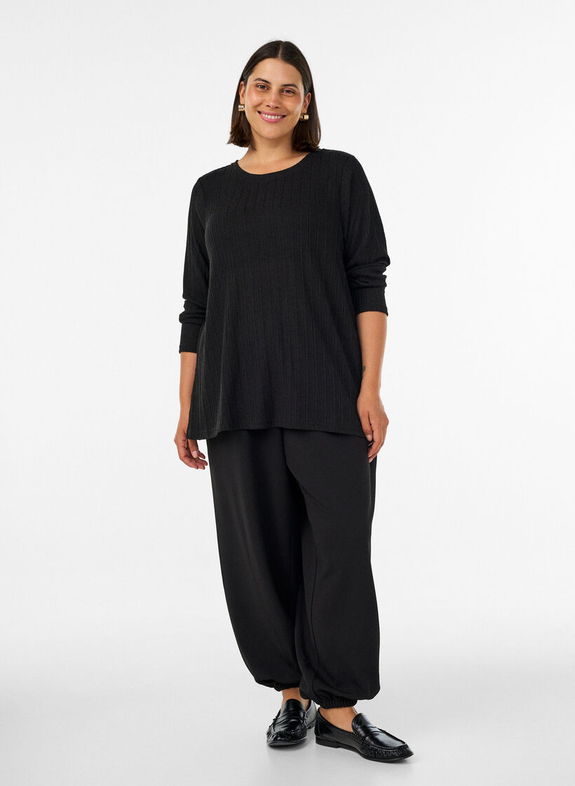 Jersey blouse with ribbed structure and long sleeves, Black, Model image number 1