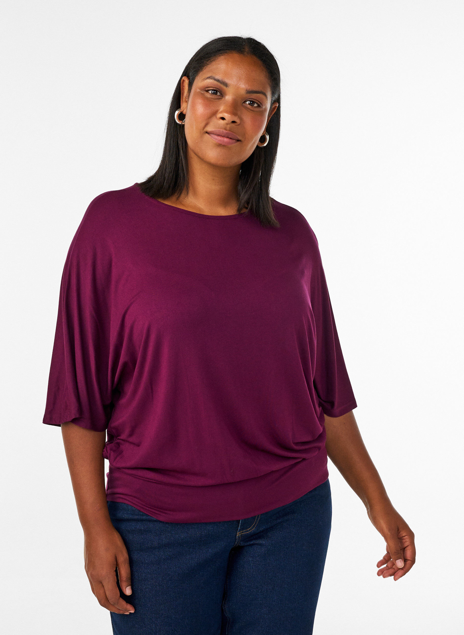 ZizzifashionJersey blouse with elbow-length balloon sleeves, Purple, Model image number 0