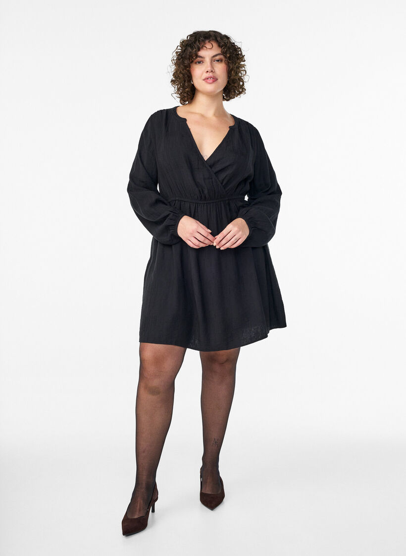 Short textured dress with wrap look, Black, Model image number 1