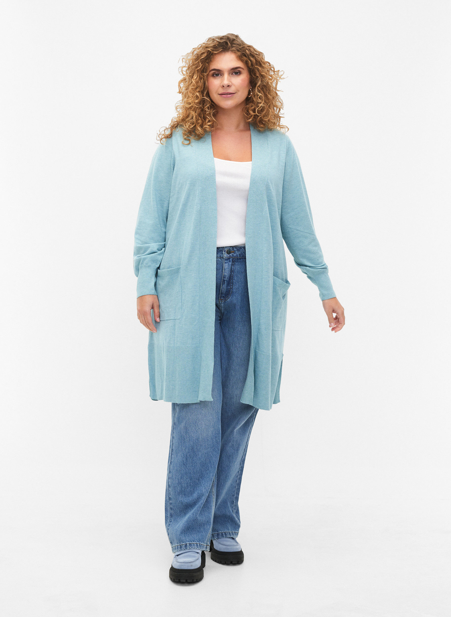 Zizzifashion Long knitted cardigan with pockets, Reef Waters Mel., Model image number 2