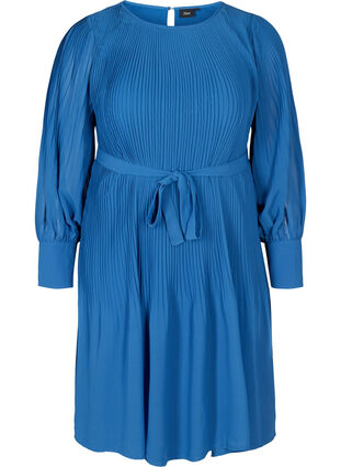 Long-sleeved plisse dress with a waist tie, Classic Blue , Packshot image number 0