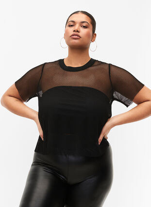 Mesh blouse with short sleeves, Black, Model image number 0