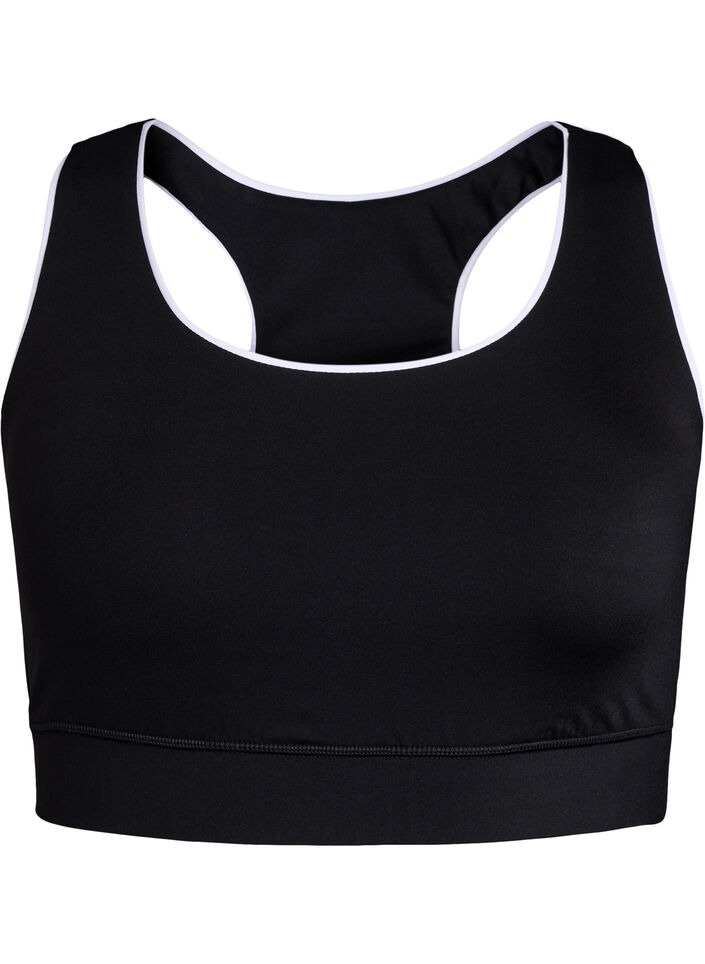 Racerback sports bra with contrast piping, Black, Packshot image number 0