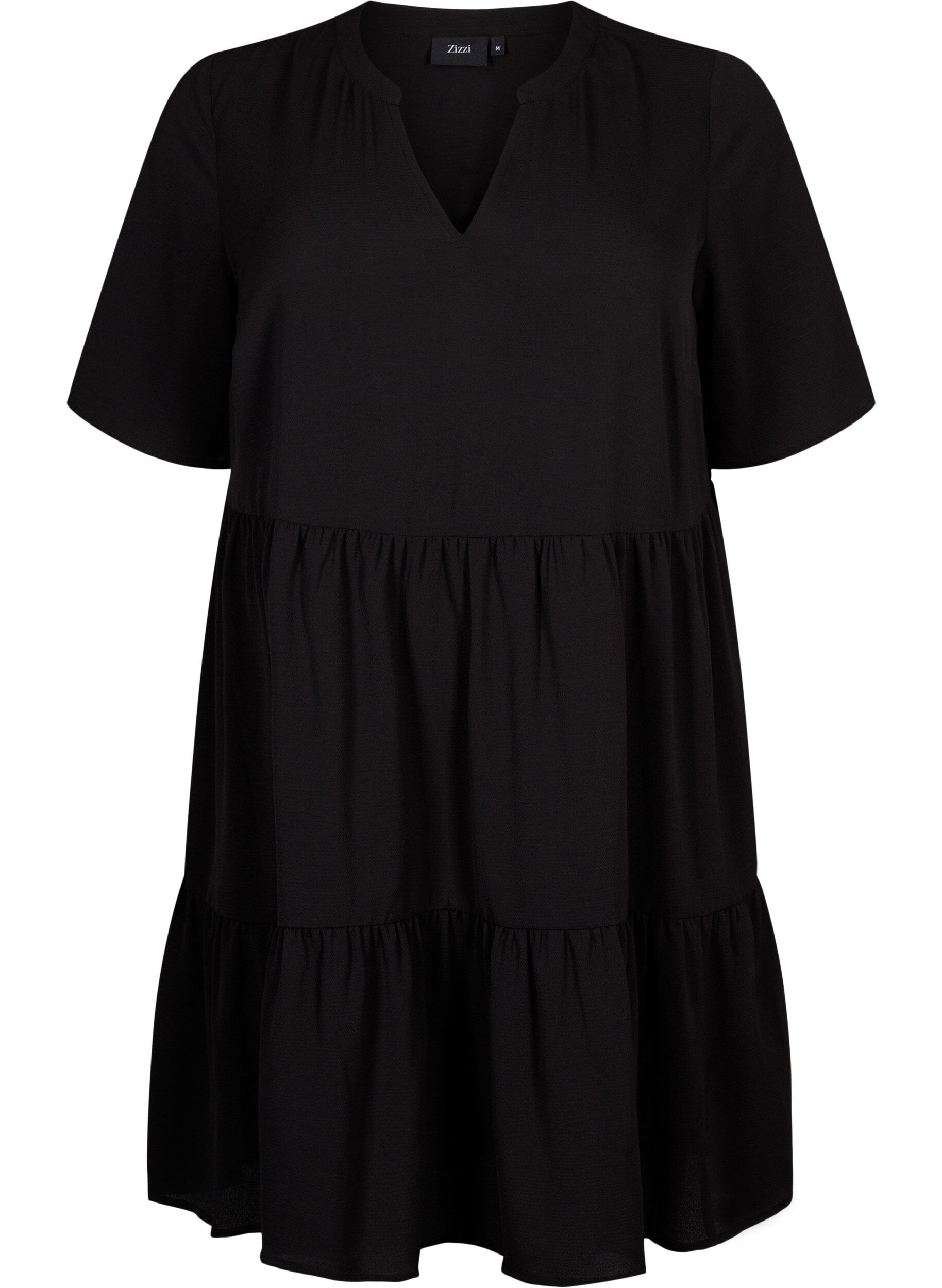 Zizzifashion Short sleeve dress with a-line and cutlines, Black, Packshot image number 0