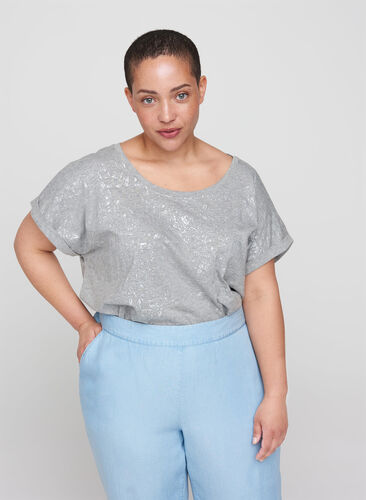 Short-sleeved t-shirt with tone-on-tone print, Light Grey Melange, Model image number 0