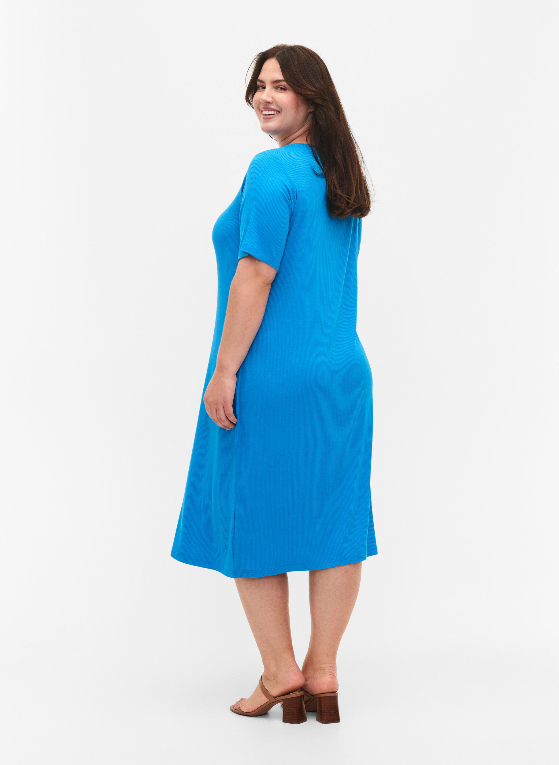 Zizzifashion Viscose rib midi dress with short sleeves, Ibiza Blue, Model image number 1