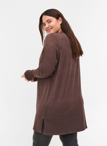 Knit cardigan with slits and rib, Coffee Bean Mel., Model image number 1