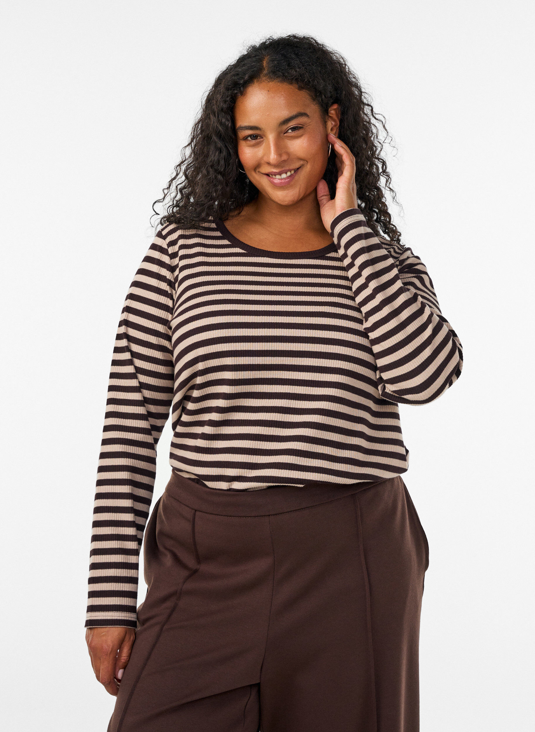 ZizzifashionStriped blouse with long sleeves, Brown, Model image number 0