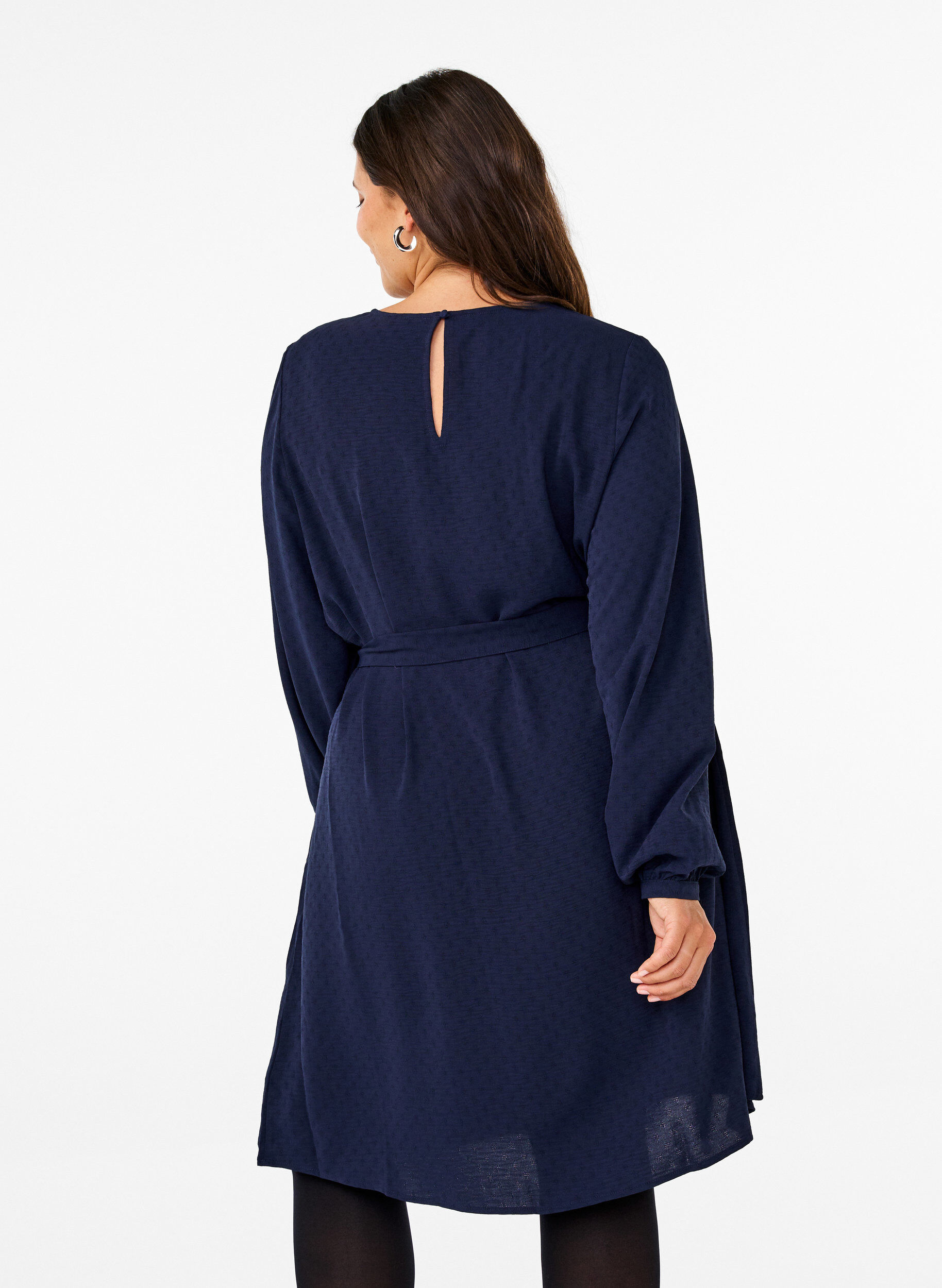 Zizzifashion Short textured dress with a tie belt, Navy Blazer, Model image number 1