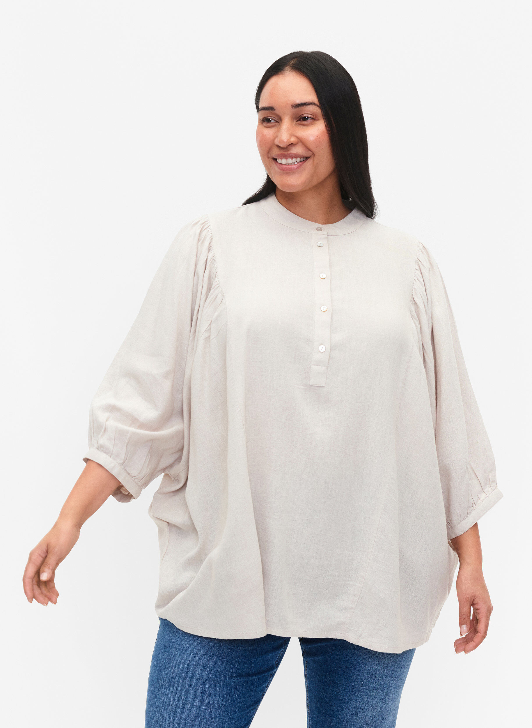 Zizzifashion Viscose-Linen Mix Shirt Blouse with 3/4 Sleeves, Moonbeam, Model image number 0