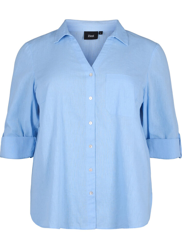 Shirt blouse with button closure in cotton-linen blend, Serenity, Packshot image number 0