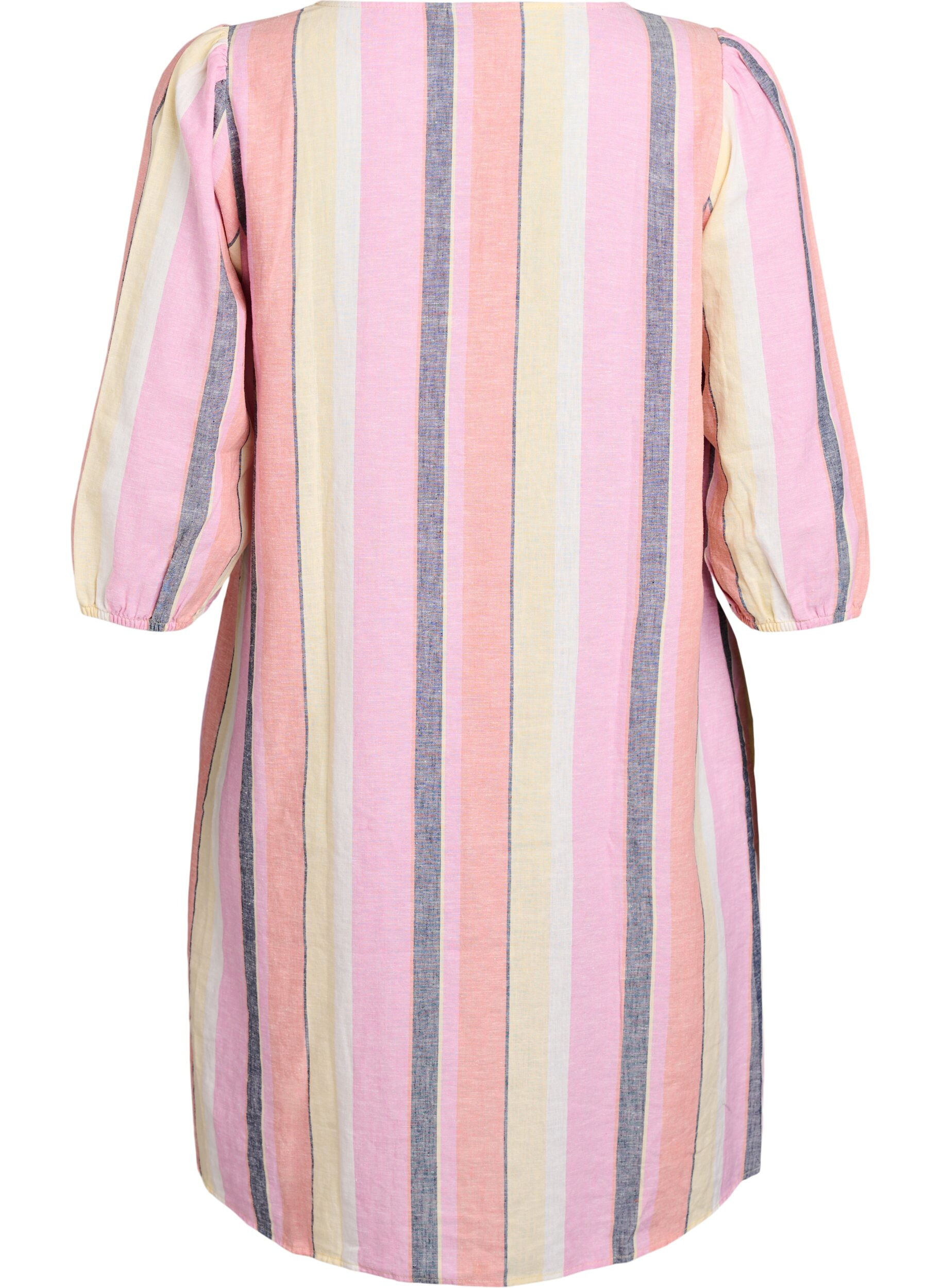 Zizzifashion Short dress in linen and viscose with 3/4 sleeves, Yellow, Packshot image number 1