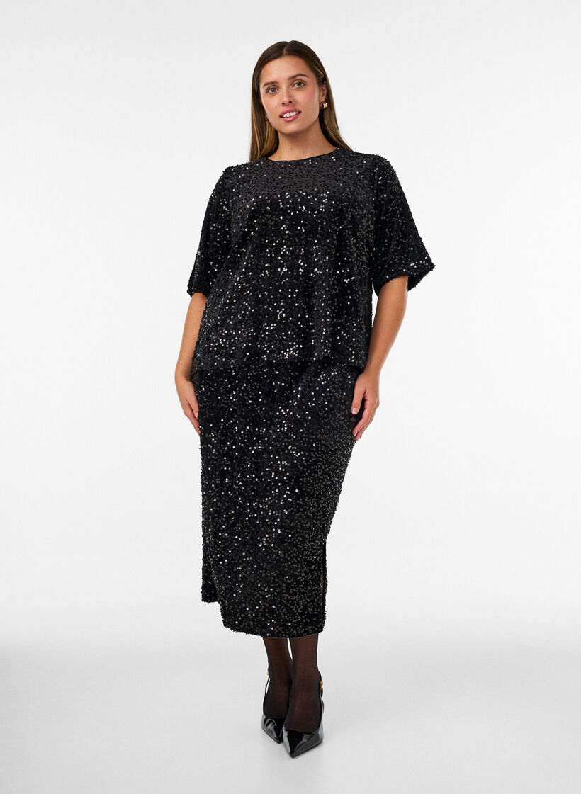 Sequin blouse with elbow-length sleeves, Black, Model image number 1