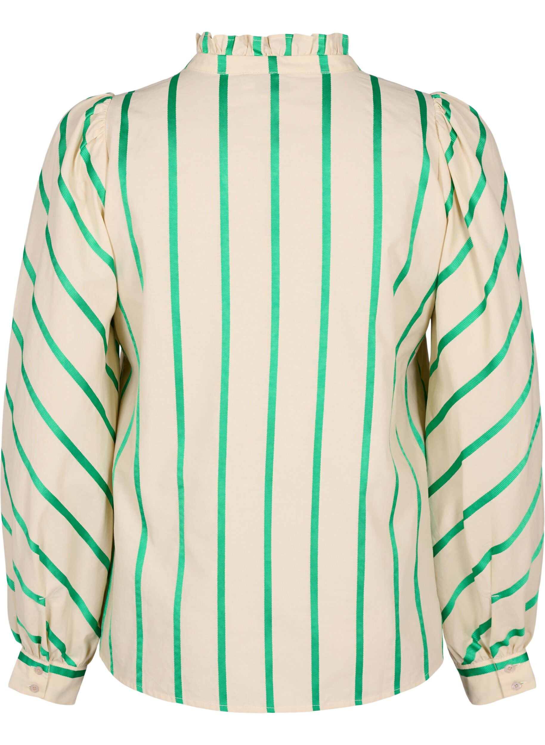 Zizzifashion Striped cotton shirt blouse with ruffle collar, Beige Green Stripe, Packshot image number 1