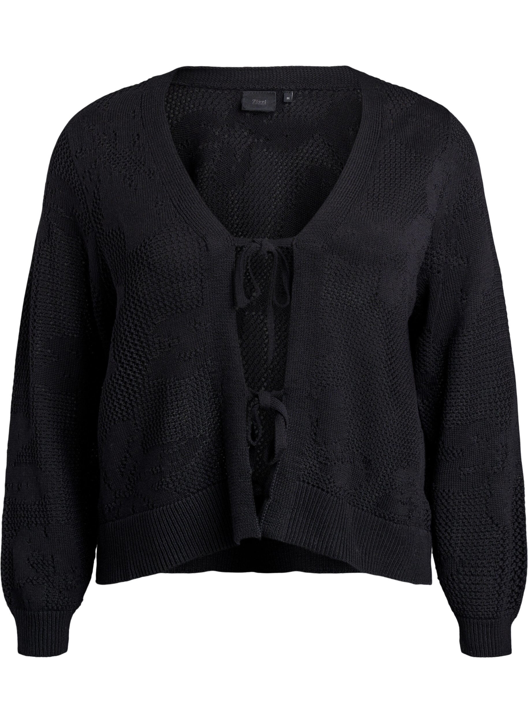 Zizzifashion Knitted cardigan with openwork pattern and tie strings, Black, Packshot image number 0