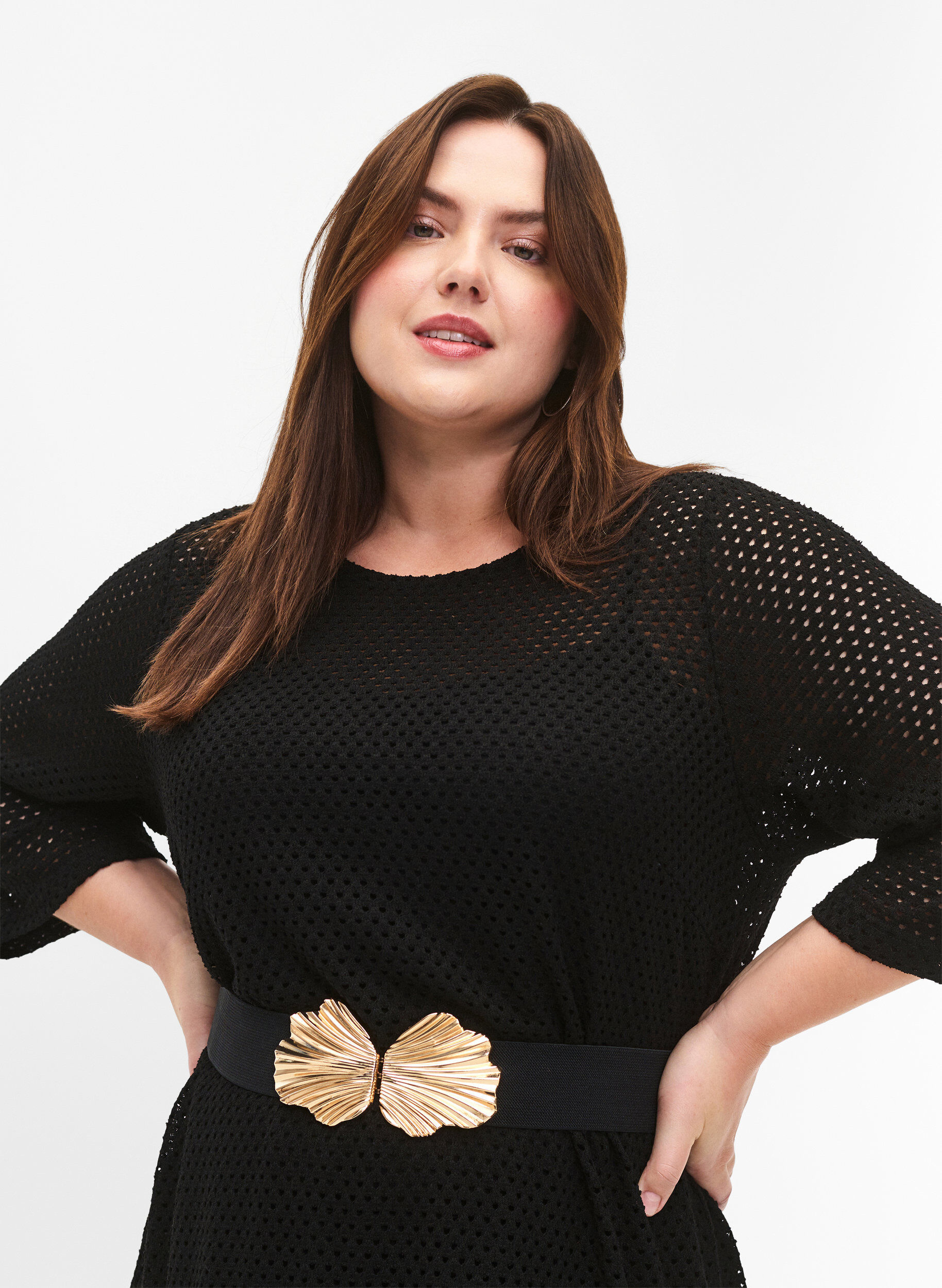 Zizzifashion Stretchy waist belt with gold-colored buckle, Black, Model image number 0